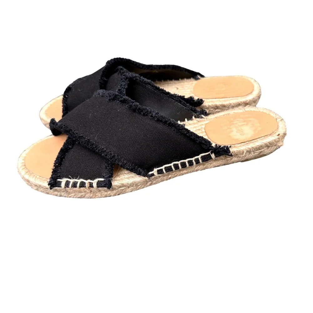 Castaner Palmera Espadrille Slide Frayed Canvas Crossover Black Size 7 Sandals